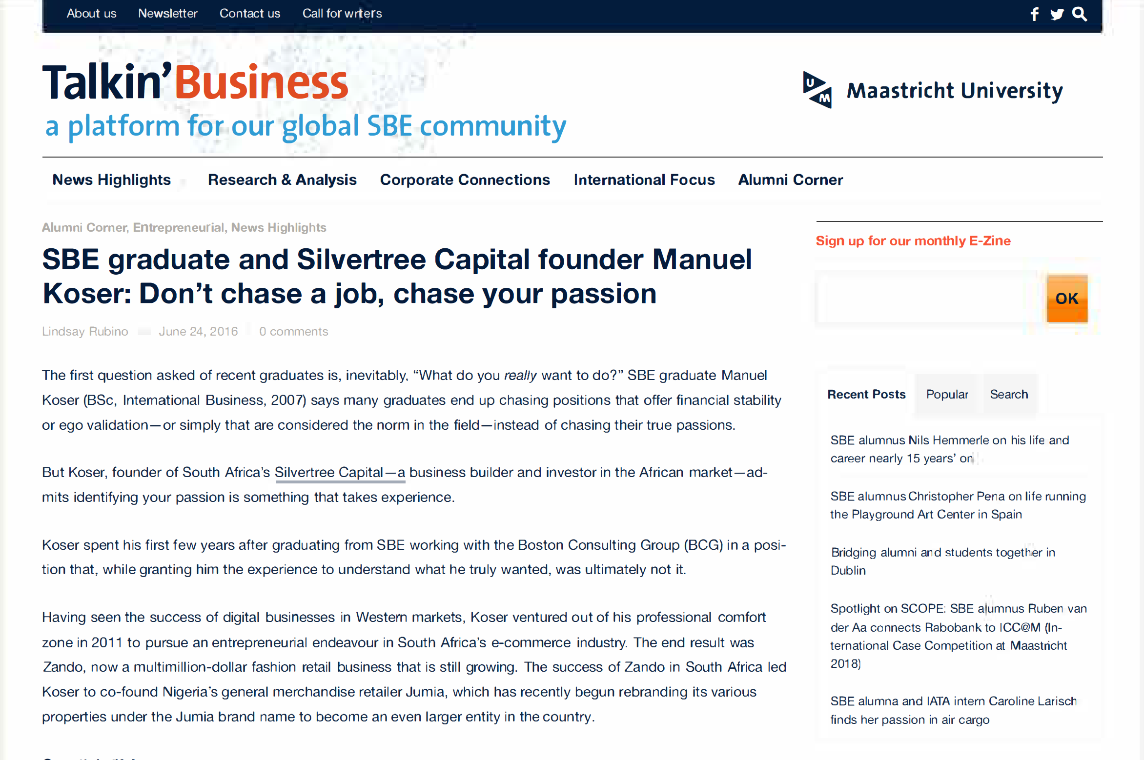 screenshot of Maastricht University web page written by Lindsay Rubino