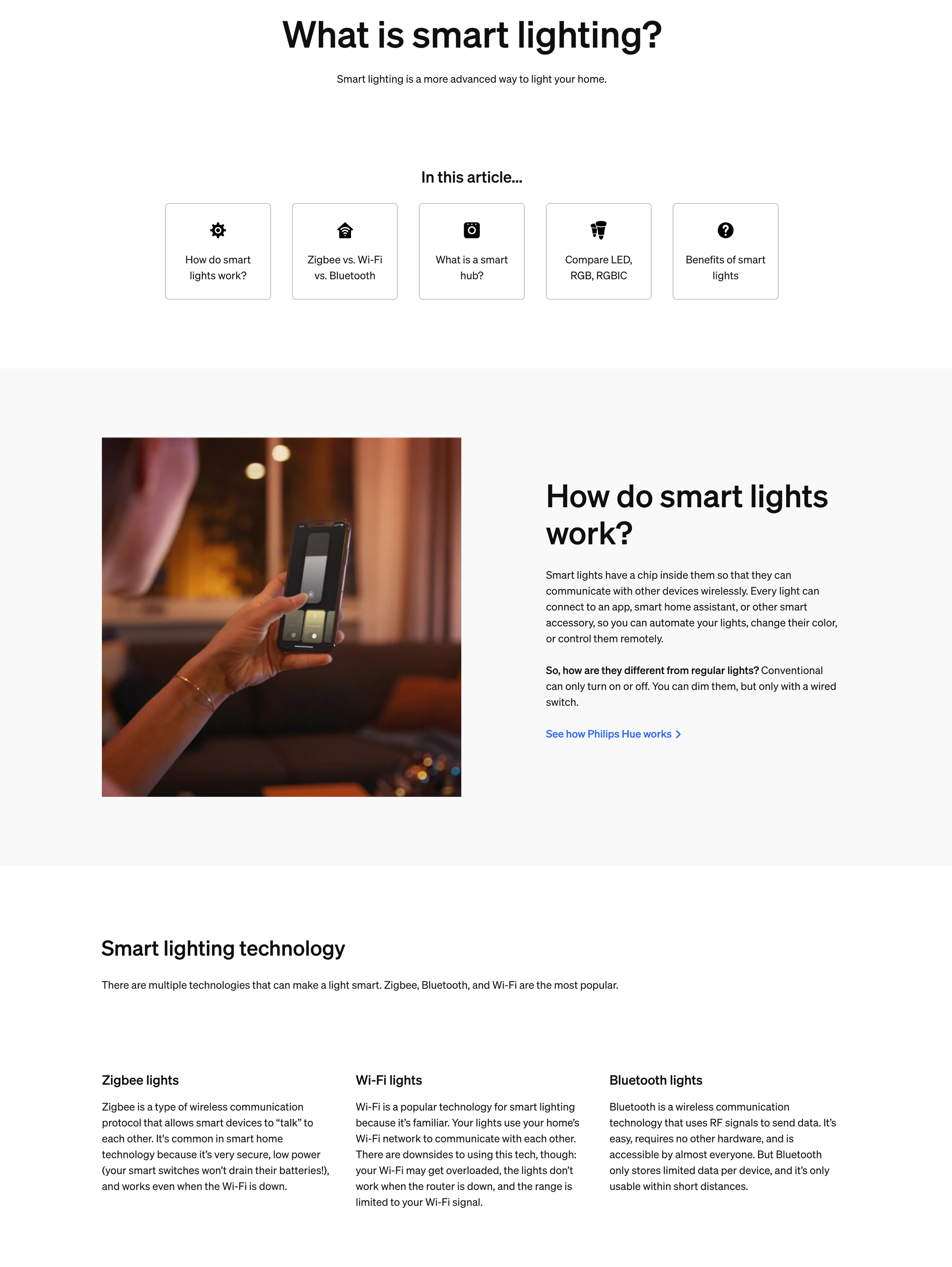 screenshot of Philips Hue's What is smart lighting web page