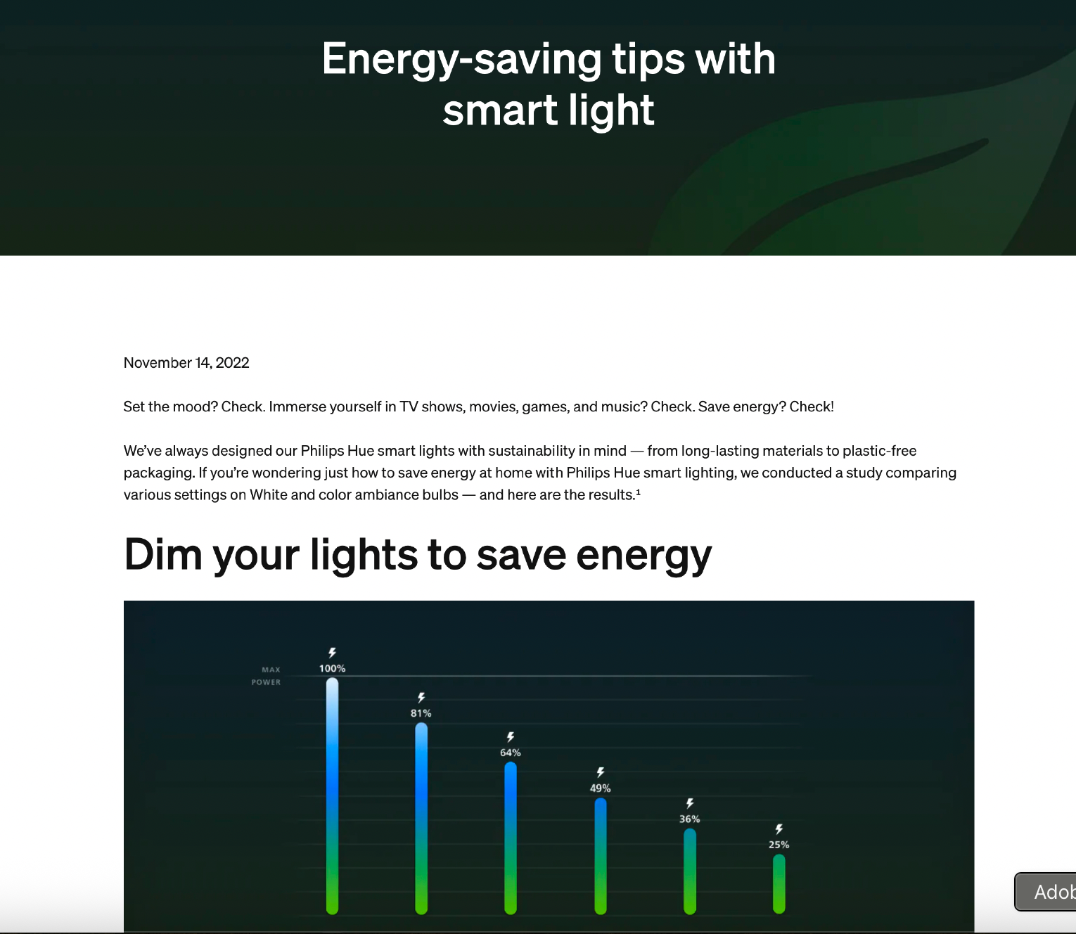 screenshot of Philips Hue blog post called Energy-saving tips with smart light written by Lindsay Rubino