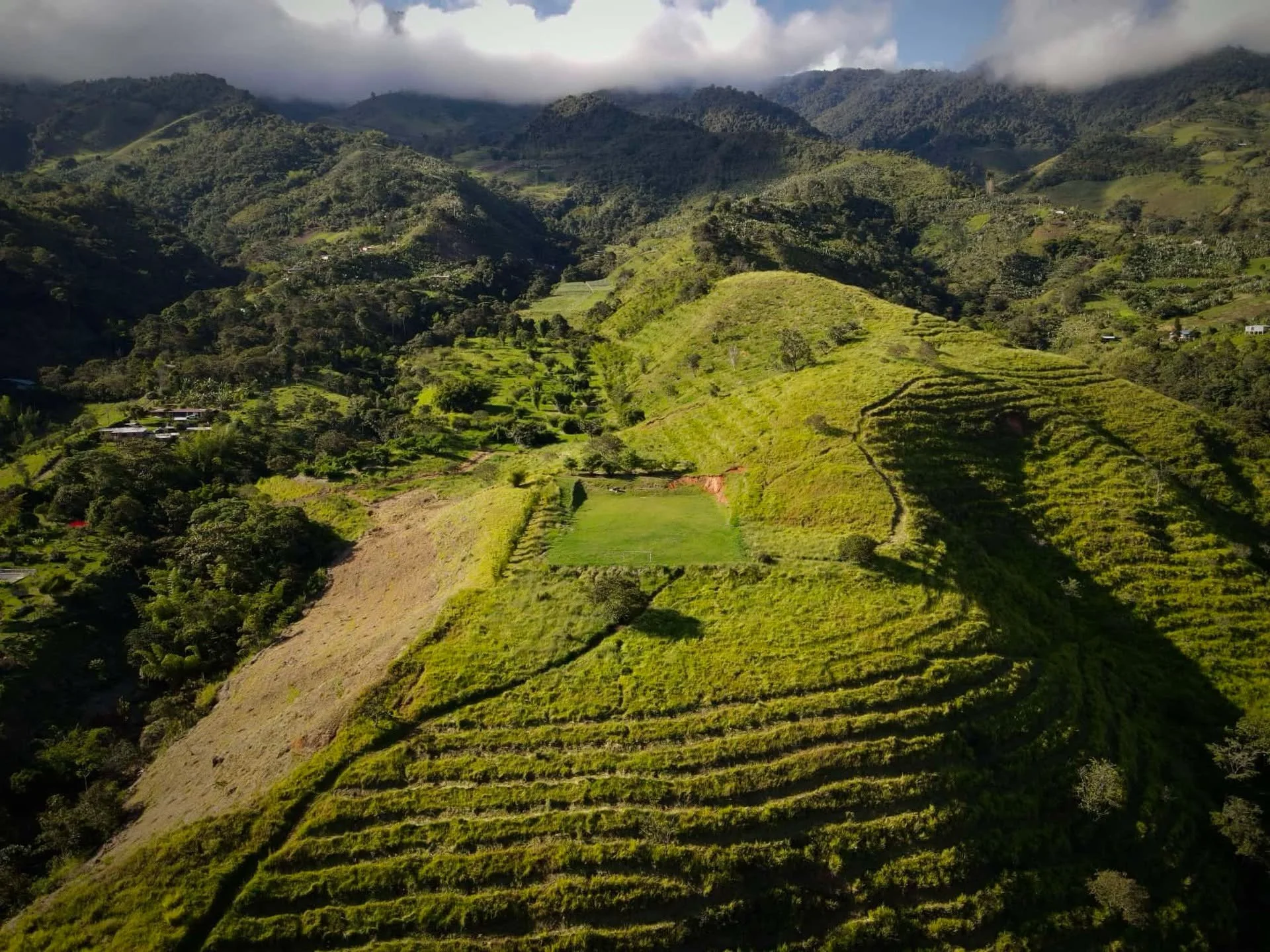 Isn't this the coolest football field location? Soon to be completely surrounded by Guadua forests. Plantation maintenance at Hacienda Guadua Bamboo.