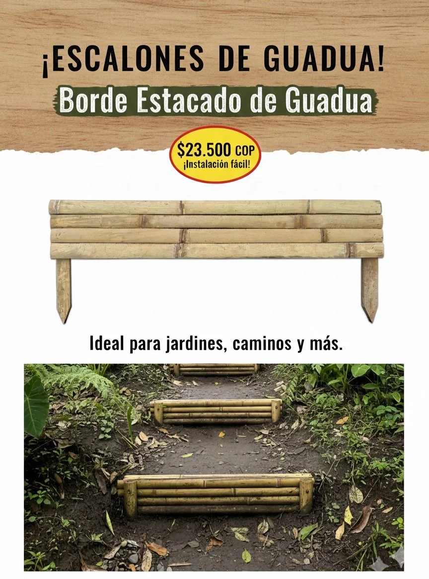 &iquest;Buscabas la soluci&oacute;n perfecta para tus senderos o desniveles? Nuestro Borde Estacado de Guadua no solo es est&eacute;tico, sino que es ideal para crear escalones r&uacute;sticos y duraderos en tus zonas verdes.
✅ Versatilidad: &Uacute;