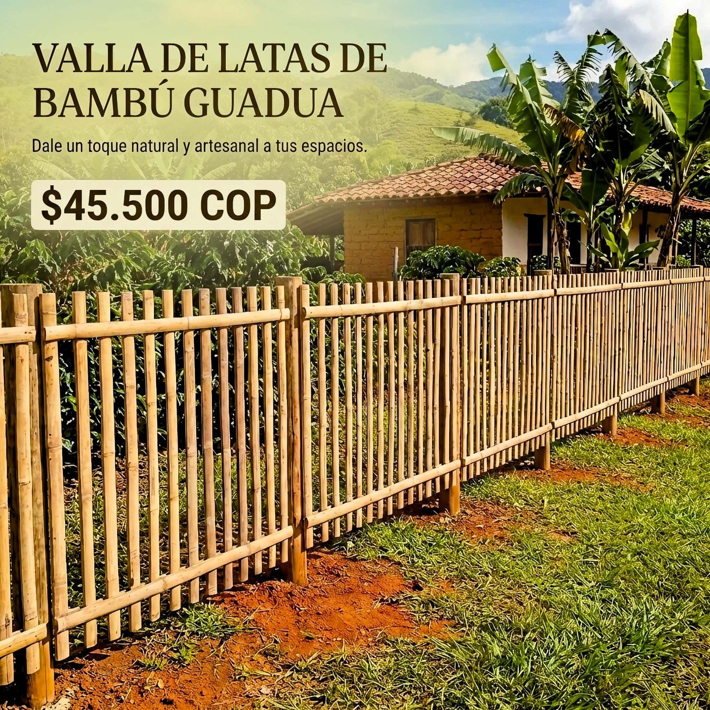 Transforma tus espacios con nuestra Valla de Latas de Bamb&uacute; Guadua. Ideal para delimitar con estilo r&uacute;stico y artesanal. 🏡✨

🔥 Precio Especial: $45.500 COP por panel.

✅ F&aacute;cil de instalar sobre madera o guadua. ✅ Est&eacute;tic