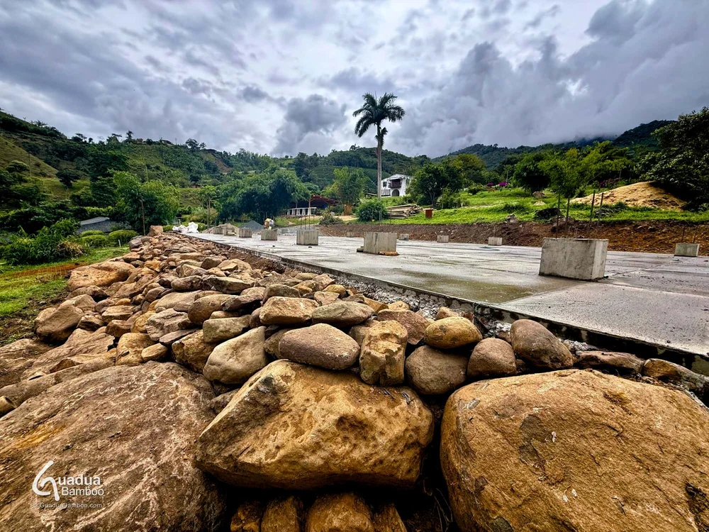 Retaining wall made from locally sourced river stones