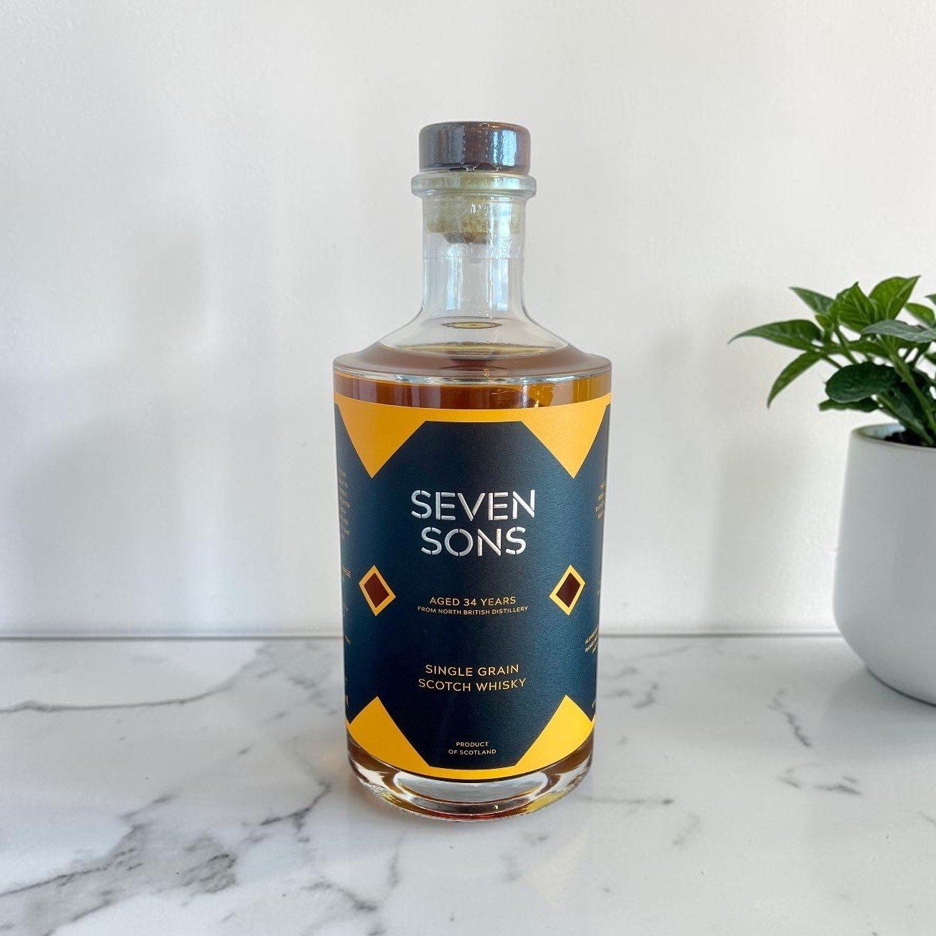Bottle of Single Grain Scotch Whisky on marble top with small plant in background
