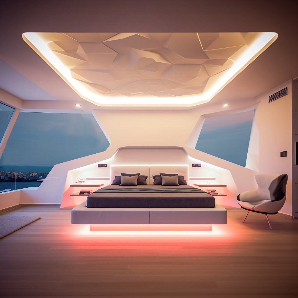 SUNSETIZED ROCKS 🌄🛥. Yacht interior design. Introducing our latest yacht suites design: sleek white surfaces, warm ambiance, and custom organic 3D patterns with illuminating elements. Experience the design language, vibes and sunset gradient palett