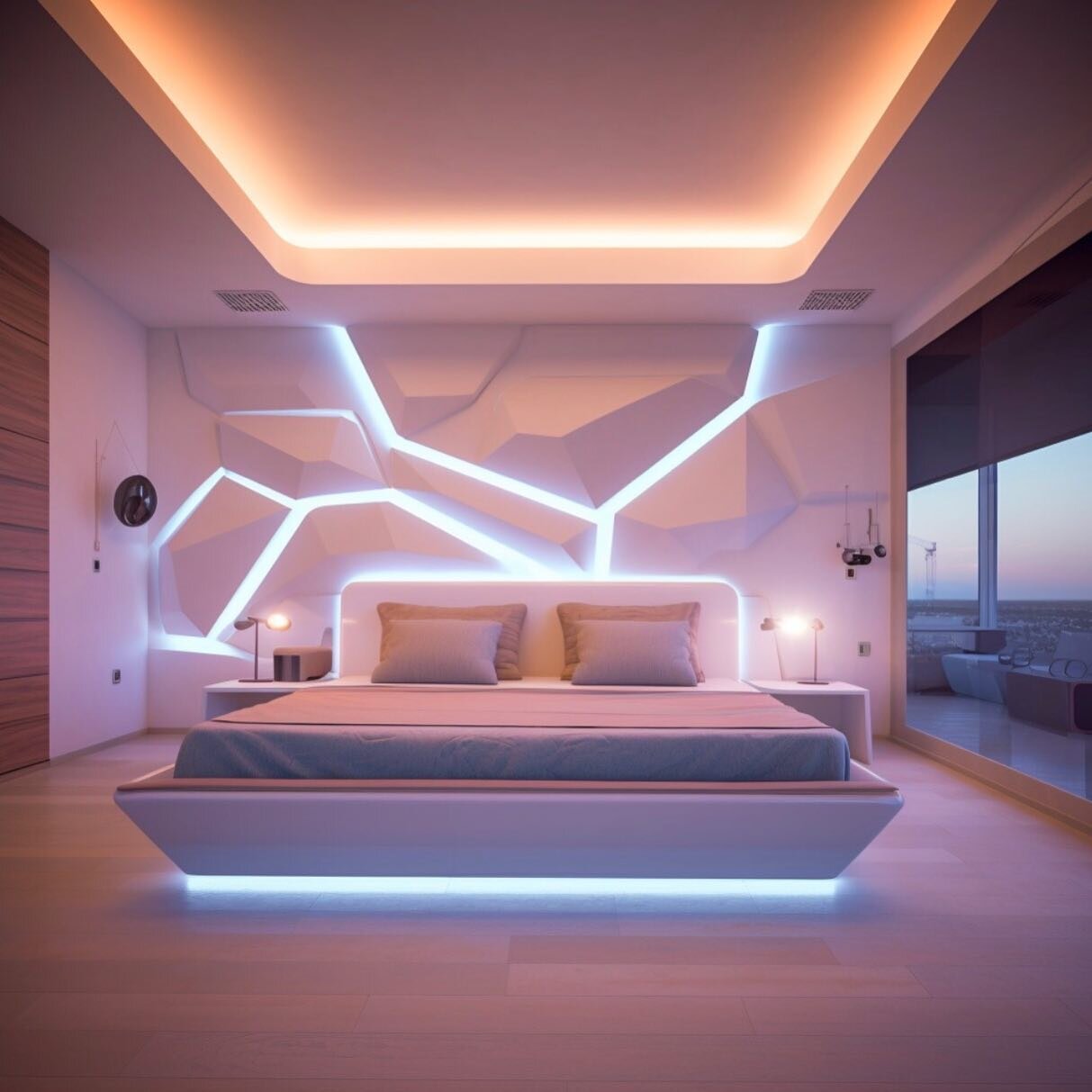 SUNSETIZED ROCKS 🌄🛥. Yacht interior design. Introducing our latest yacht suites design: sleek white surfaces, warm ambiance, and custom organic 3D patterns with illuminating elements. Experience the design language, vibes and sunset gradient palett