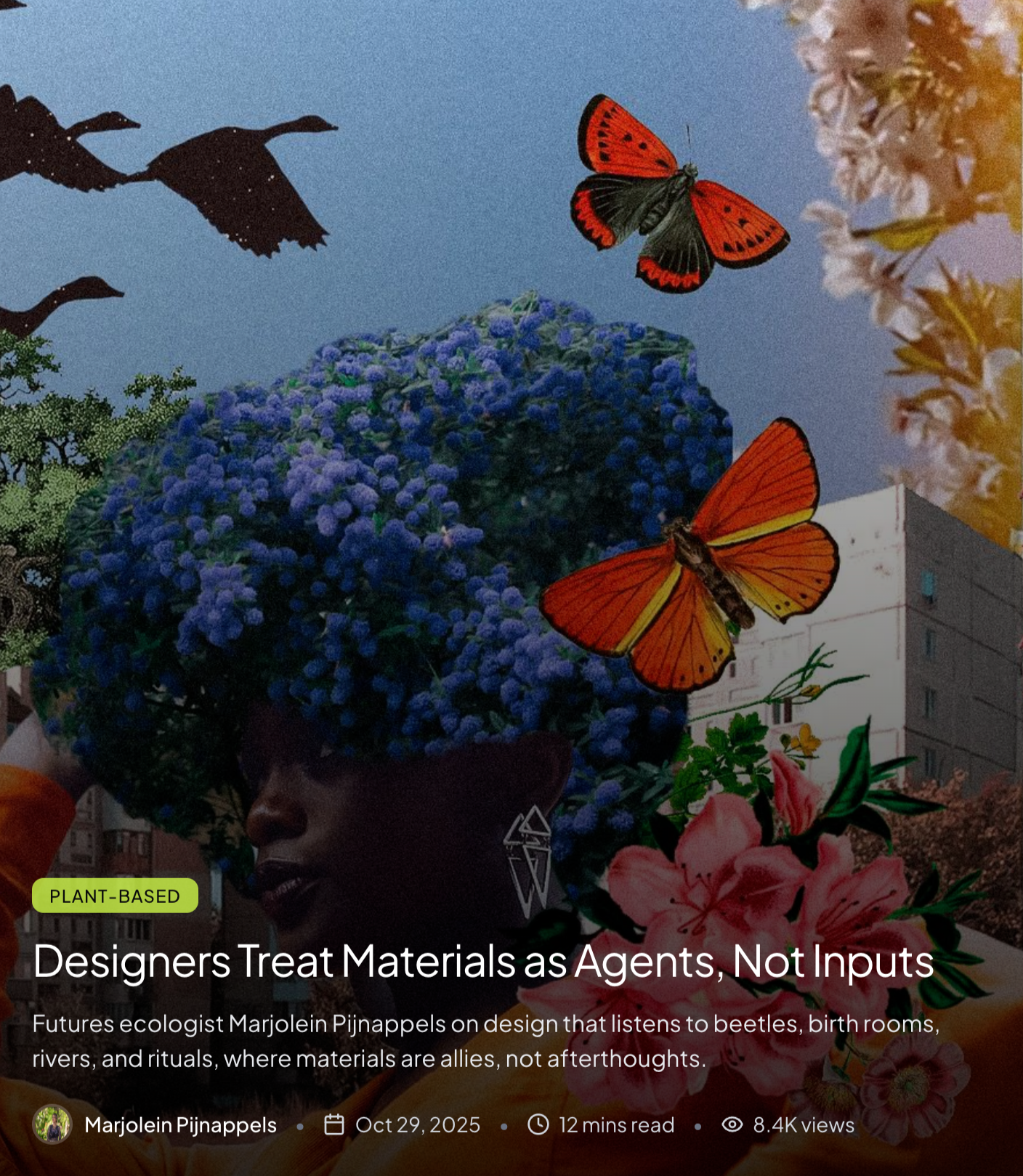 Futurist vernissage met een collage van bloemen, een vrouw met een bloemkroon op haar hoofd, vliegende oranje en zwarte vlinders, en een stad op de achtergrond, met een tekst over gebruik van materialen als agenten.