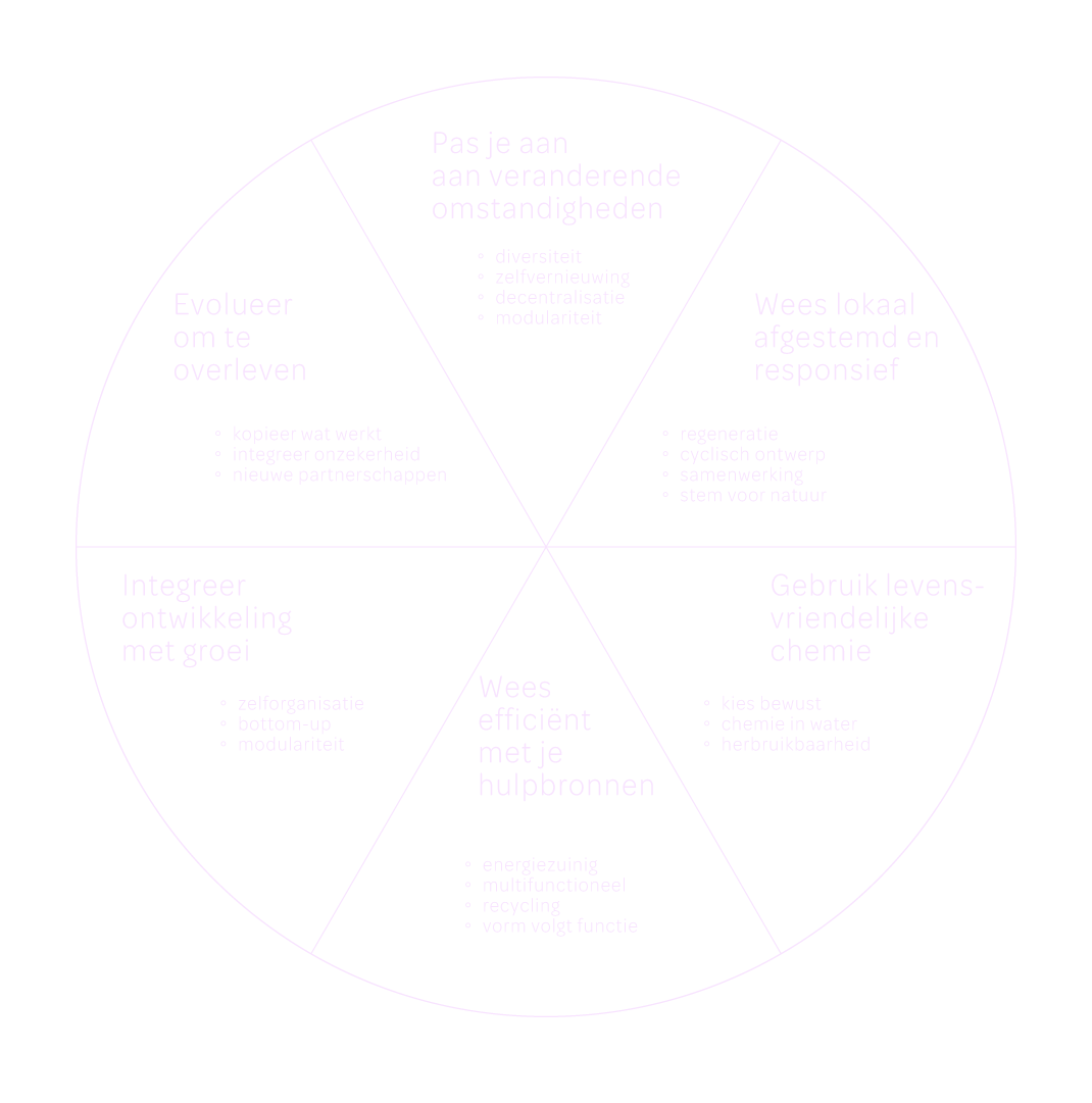 Diagram met zes secties met adviezen voor duurzame ontwikkeling: Aanpassen aan veranderende omstandigheden, Wees lokaal afgestemd en responsief, Gebruik levensvriendelijke chemie, Wees efficiënt met je hulpbronnen, Integreer ontwikkeling met groei, Evolueer om te overleven.