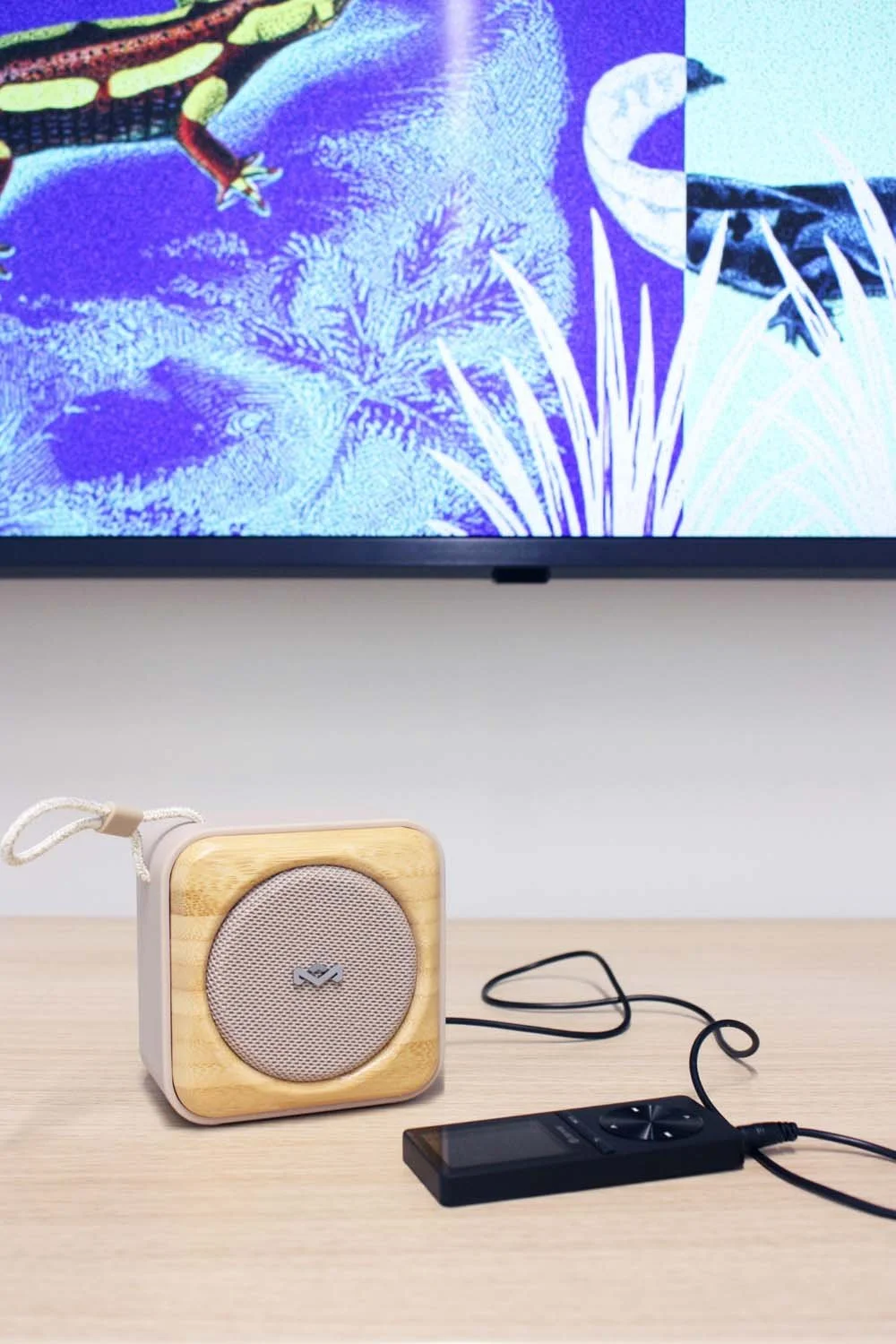 Een houten speakerbox met een metalen grille op een tafel, naast een afstandsbediening, met een tv-scherm op de achtergrond dat een kleurrijk beeld van een onderwaterlandschap met planten en dieren toont.