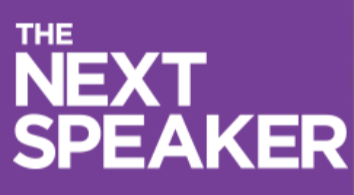 Logo met de tekst 'The Next Speaker' op een paarse achtergrond.