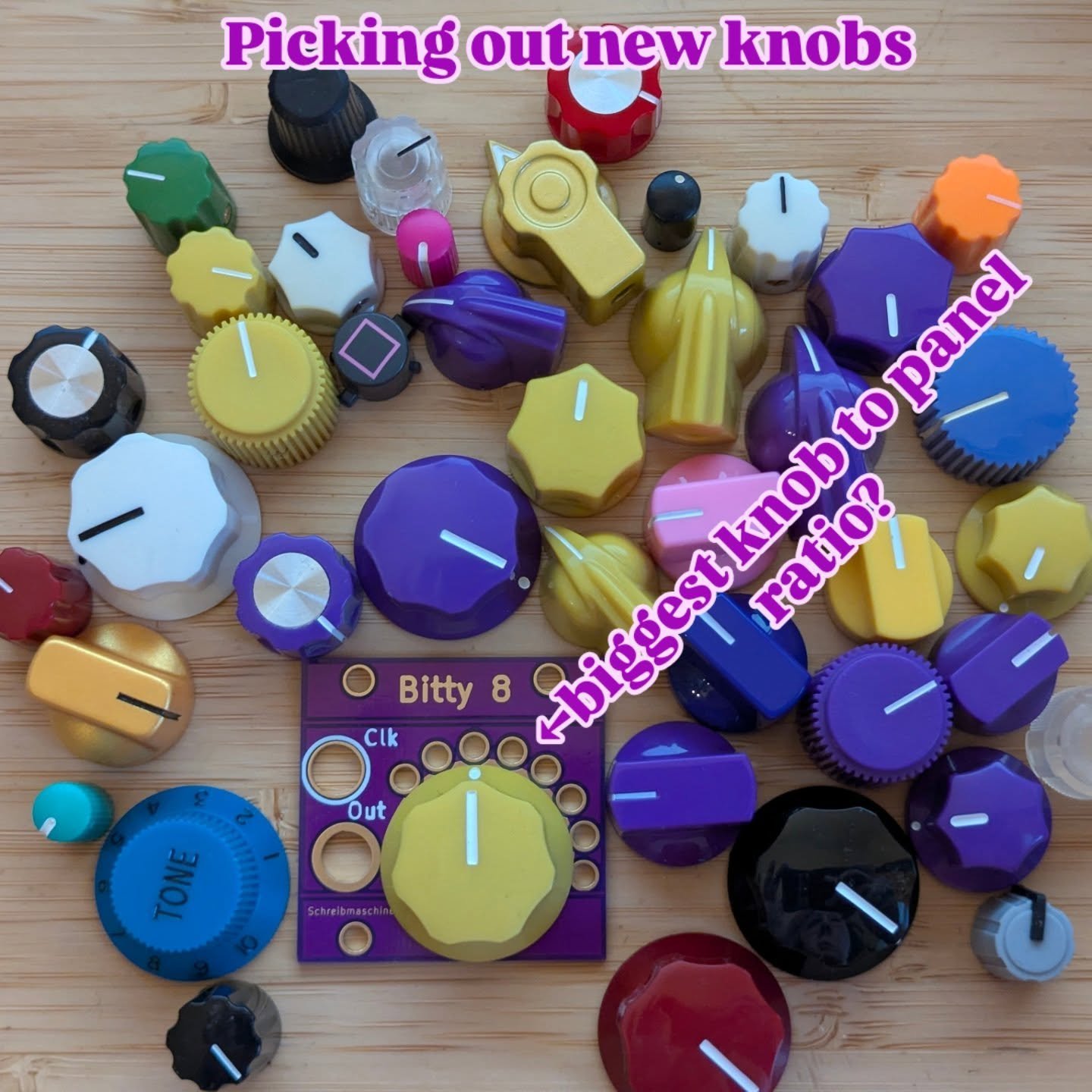 Picking out knobs for the upcoming step sequencer. My buddy Olaf at @banzaimusicgmbh has such a good selection, I think I'm sold on the big mustard knob.