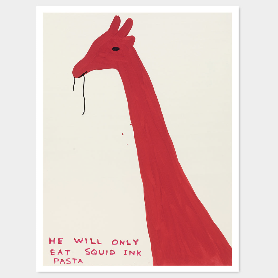 David Shrigley - Untitled (He Will Only Eat Squid Ink Pasta) (2019). 60 x 80 cm
Off-set lithography
Printed on 200g Munken Lynx paper
Narayana Press in Denmark