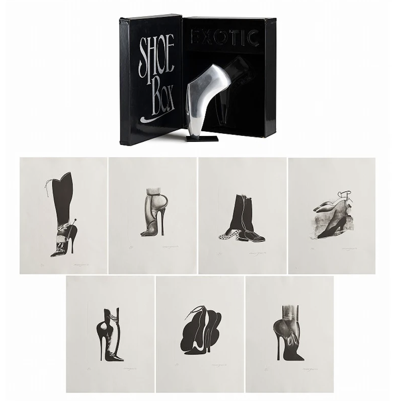 Allen Jones - Shoe Box
Year – 1968
Medium – Suite of seven black and white lithographs on BFK Rives paper, and an aluminium sculpture, contained in a PVC-covered shoe-box, with a colour screenprint inside the lid
Signed – each signed and numbered