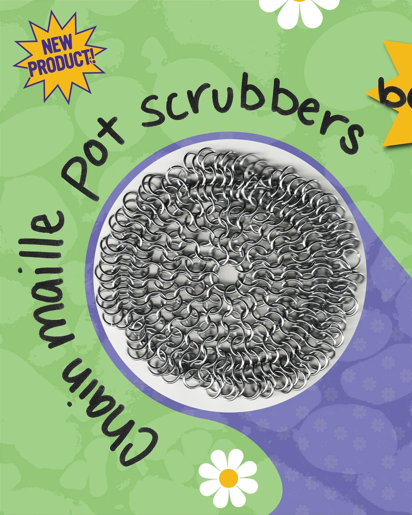 ⭐️⛓️&zwj;💥✨ Introducing chain maille pot scrubbers! ✨⛓️&zwj;💥⭐️

Inspired by a request from my good dude Tsu, I&rsquo;ve decided to open up commissions on these bad boys. 

Circle scrubbers are a European 4-in-1 expanding circle weave. A circle scr