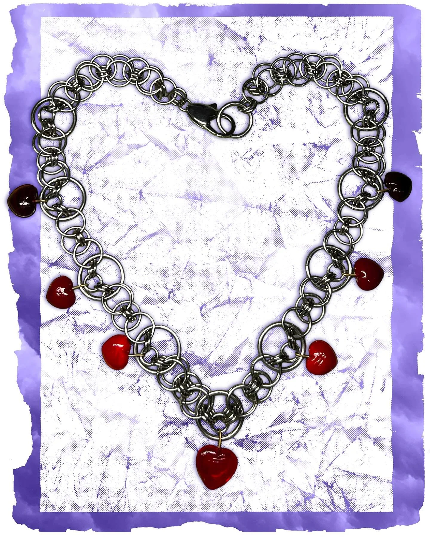 My daily-wear chain maille necklace that I somehow never managed to post ⛓️&zwj;💥⛓️❤️

Bit of a Ship of Theseus situation here. When I first started chaining my maille, I made a helm weave with cheap jump rings and these pretty little heart beads. A