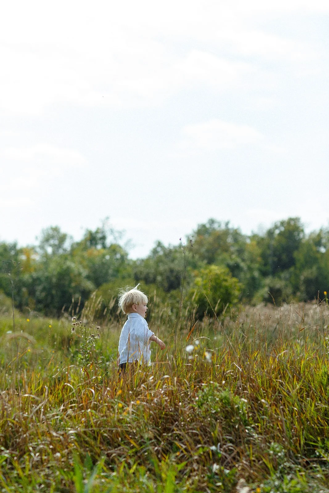 A young child with blond hair, wearing a white shirt, walking through tall grass in an open field with trees in the background under a partly cloudy sky.