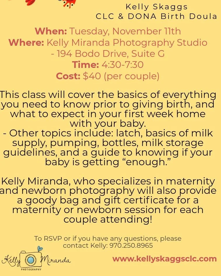 What: Prenatal Breastfeeding workshop taught by Kelly Skaggs, CLC &amp; DONA Birth Doula
Where: Kelly Miranda Photography Studio - 194 Bodo Drive, Suite G
When:Tuesday, November 11th 4:30-7:30pm
Who: Class designed for expectant parents in their 2nd 