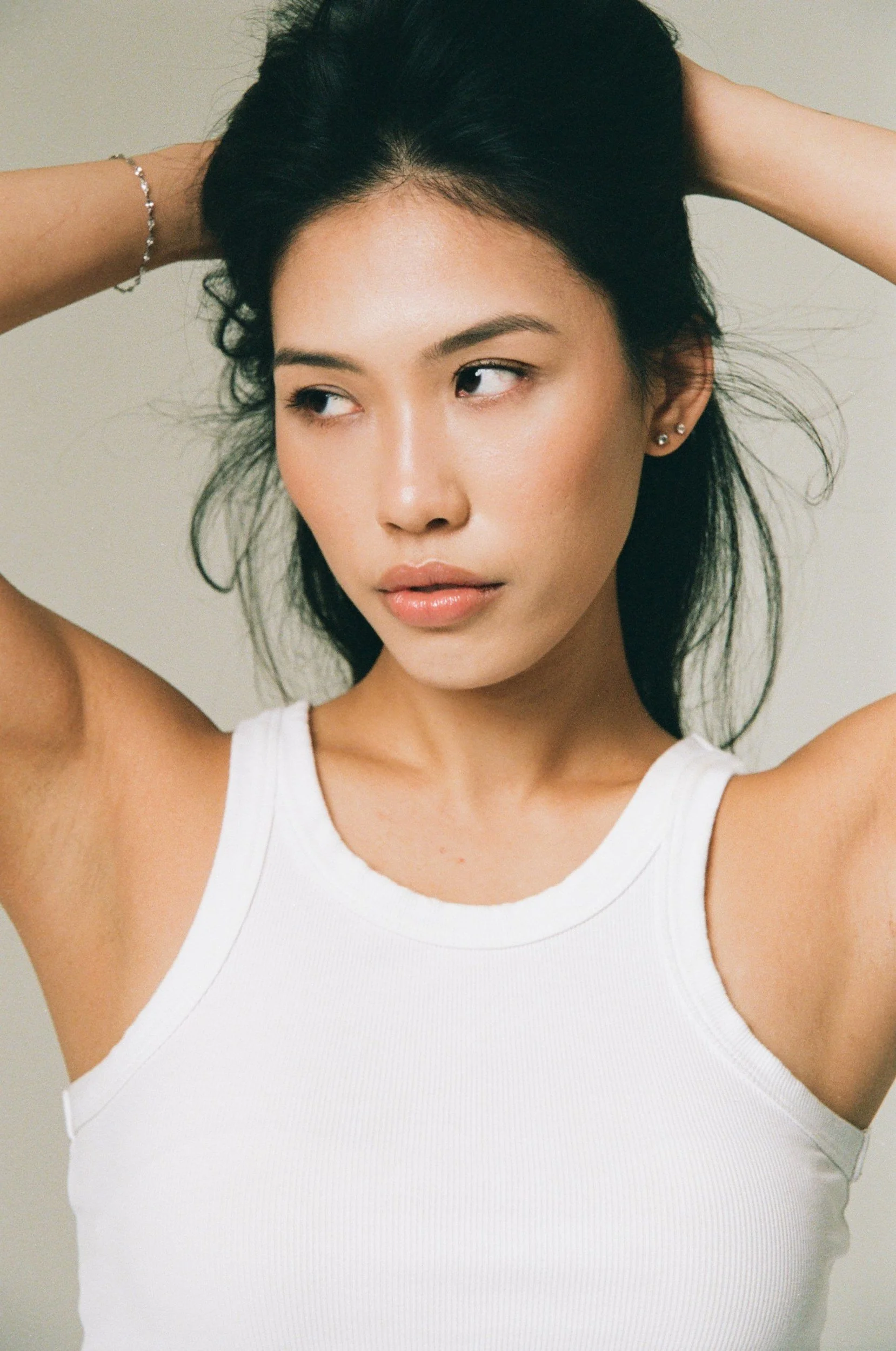 Film portrait in white tank top on gray seamless, Oklahoma City photo studio