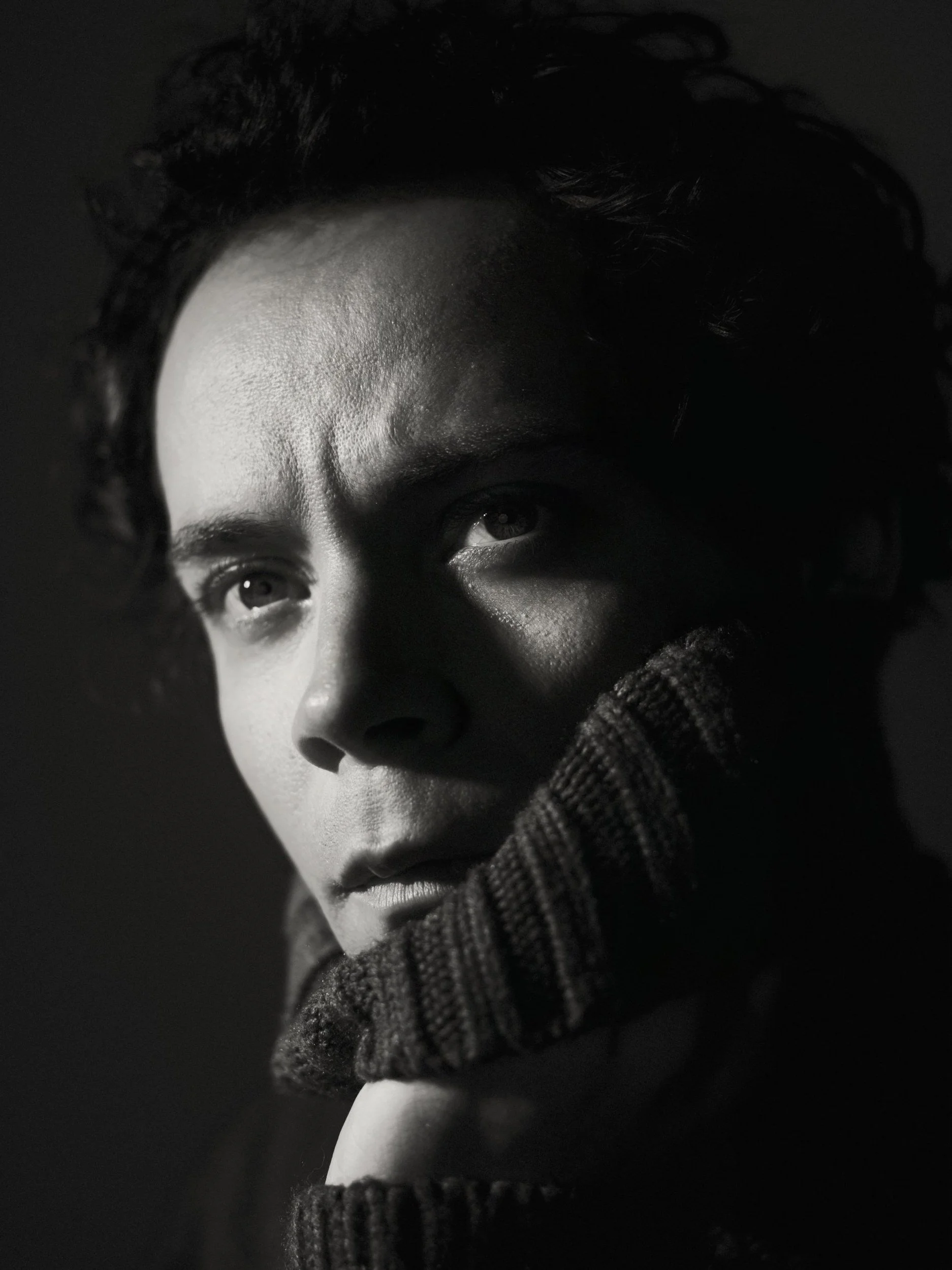 Low key portrait in knit sweater with single hard light, Oklahoma City photo studio