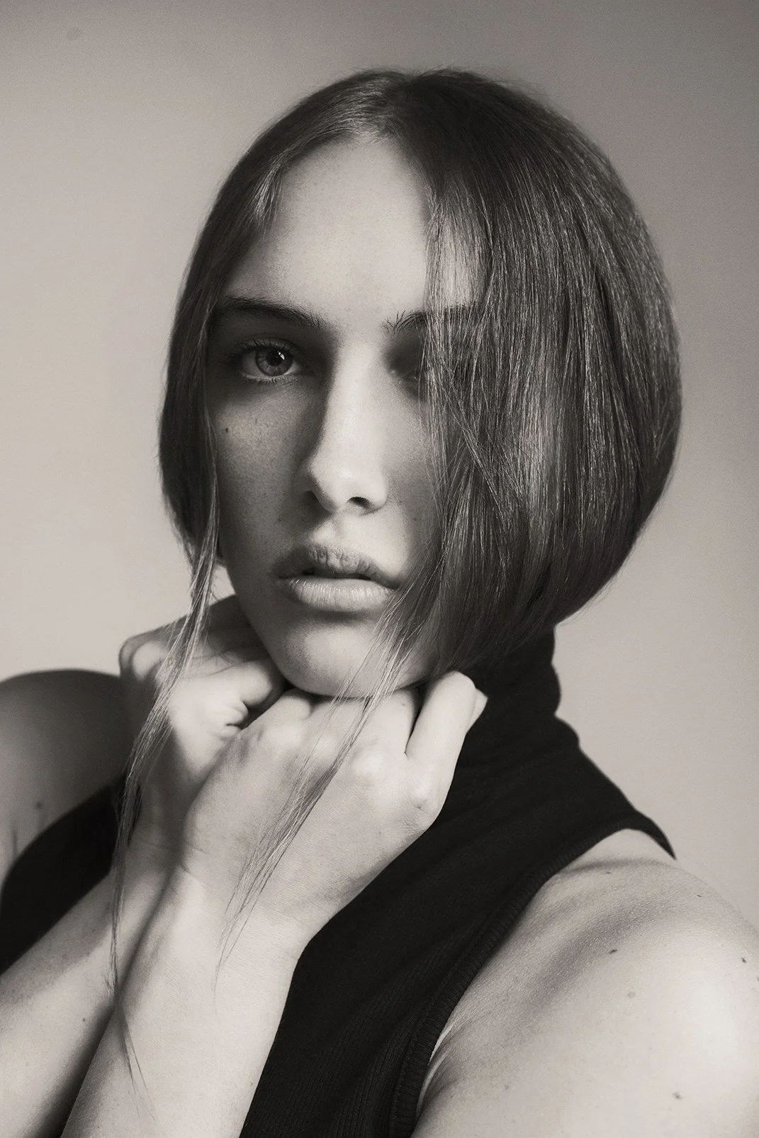 Black and white beauty portrait with bob haircut, studio rental in downtown Oklahoma City