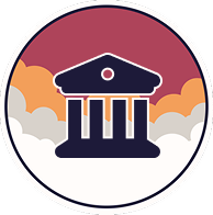 Icon of a classical building with columns and a triangular pediment, resembling a government or historical site, set against a background of orange and purple clouds.