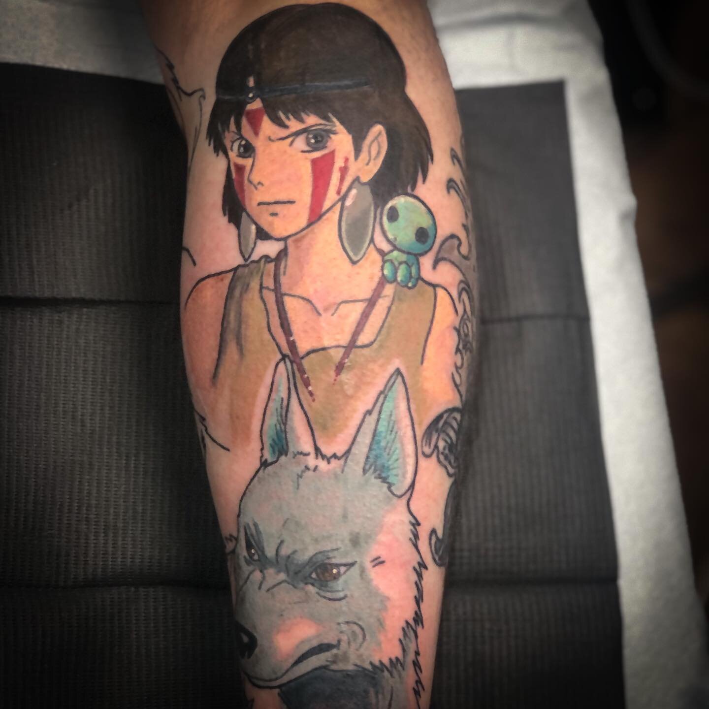 Studio Ghibli leg sleeve, work in progress 
.
By: @madinkcustomdesign 
.
#legsleeve #studioghibli #princessmononoke #san #moro-no-kimi #wipwednesday #tattoo #crimsondawncollective #yxstattooartist #crimsondawnpg #miyazakitattoo