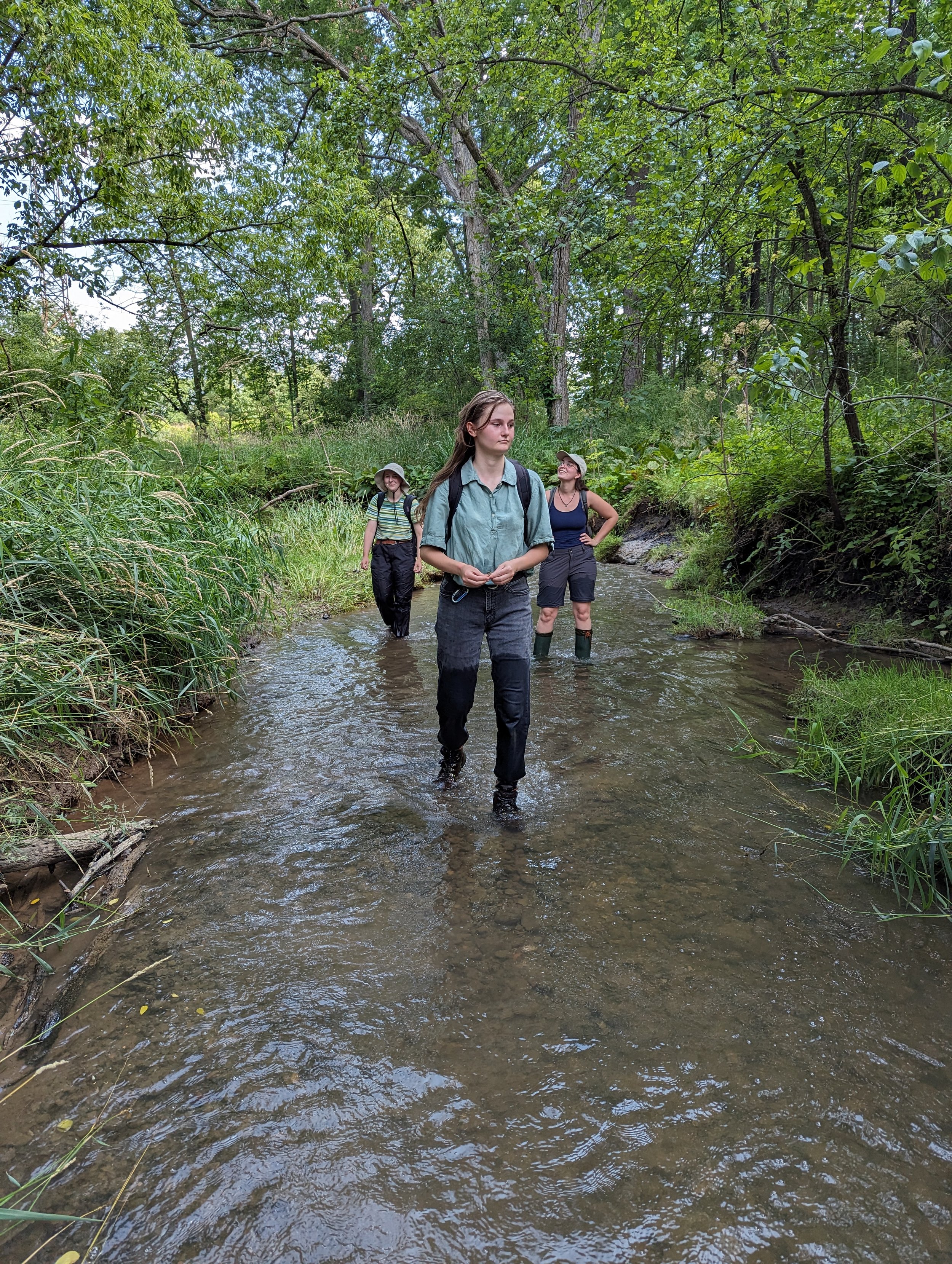  Botany Intern, Megan Roulston and Botany Students, Summer Thomas and Trinity Synard, on their way out of a field site in the middle of summer (Photo by Nadia Cavallin).&nbsp;  &nbsp; 
