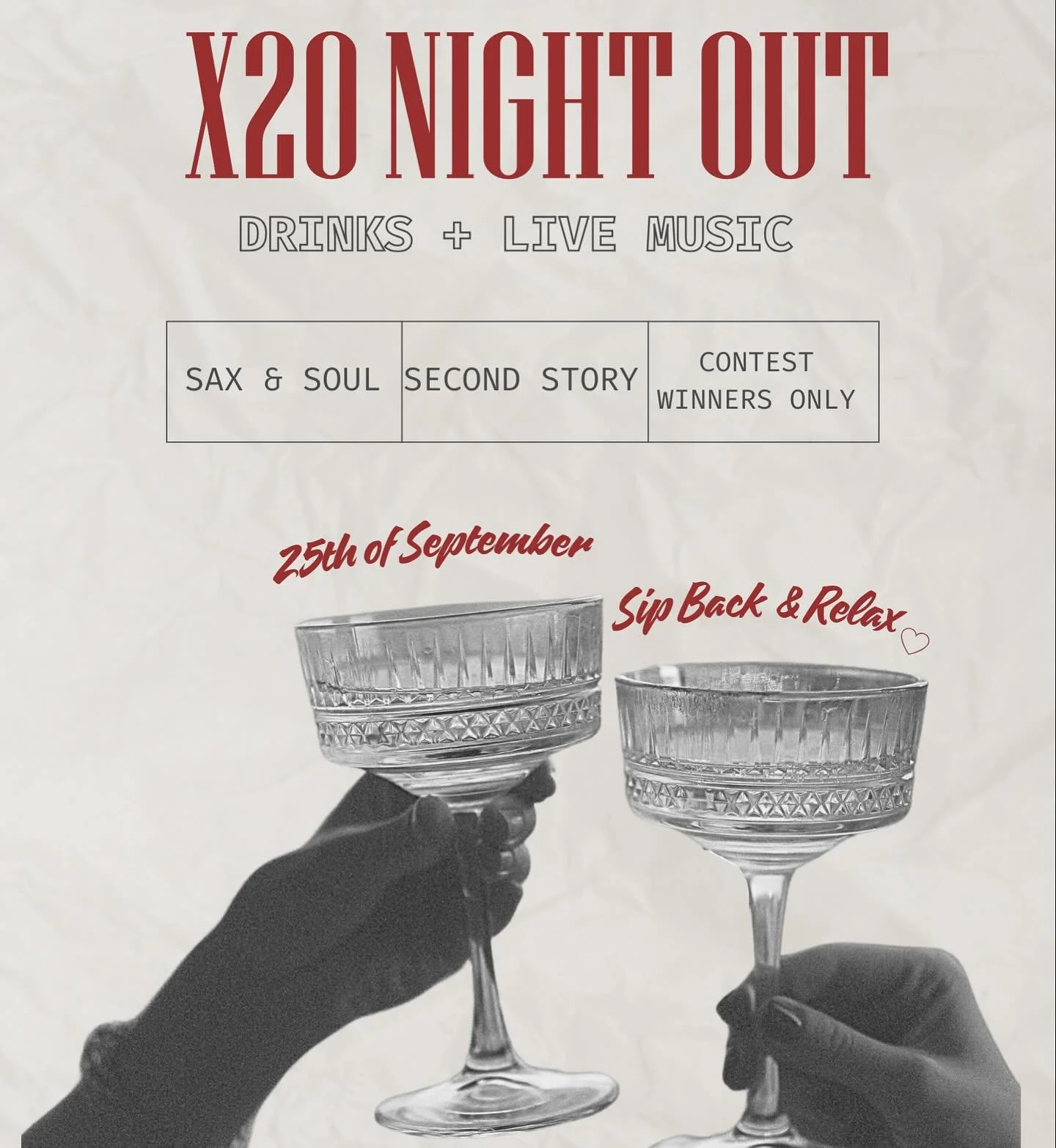 We see you working hard at X2O day by day - so we want to treat you to a Girl&rsquo;s Night Out at @secondstorylg ! The first twelve clients who take ten classes by September 20 will join the staff for a night full of blissful vibes over drinks offer