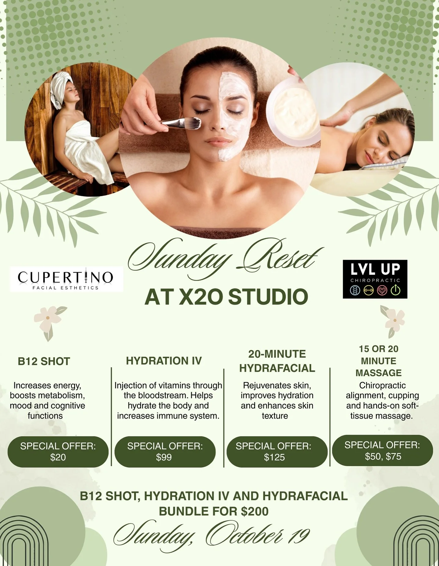 🌿SUNDAY RESET WITH X2O🌿

Shake off the Sunday scaries and treat yourself with B12 Shots, Hydrafacials and Liquid IV&rsquo;s by the wonderful @cupertinoesthetics 🫧

We will also have soft tissue body massages and alignment treatments provided by @l
