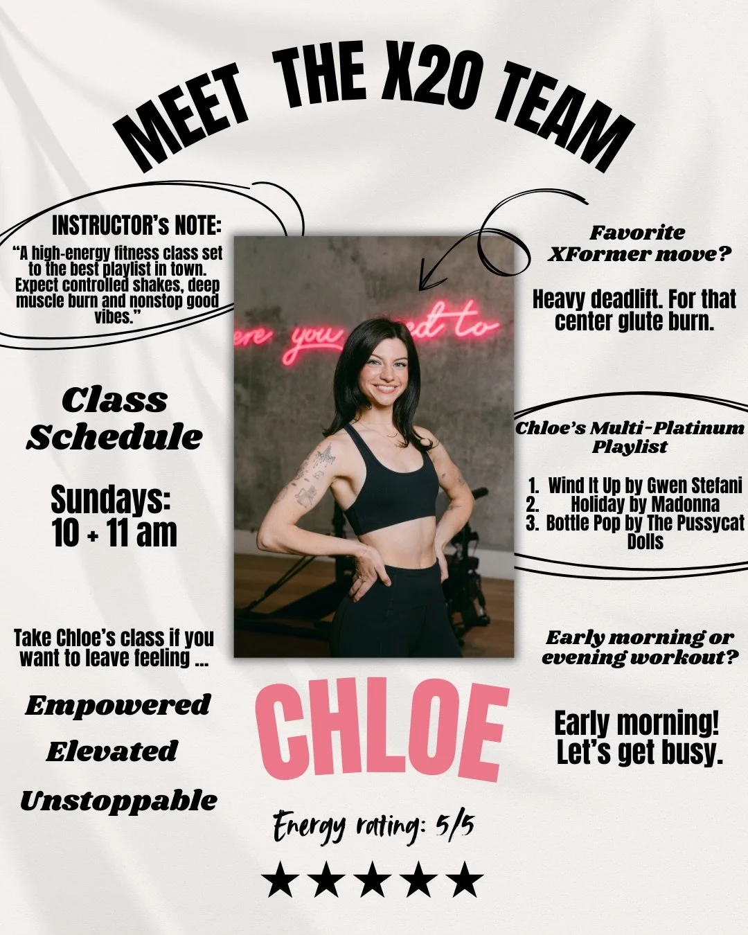 🌟MEET YOUR INSTRUCTORS MONDAY🌟

Originally an X2o Danvile girly, Chloe always held a special place within the hearts of Los Gatos team. Now, our LG fam gets to end their week on an upbeat and encouraging note with Chloe on Sundays!

She&rsquo;ll ma