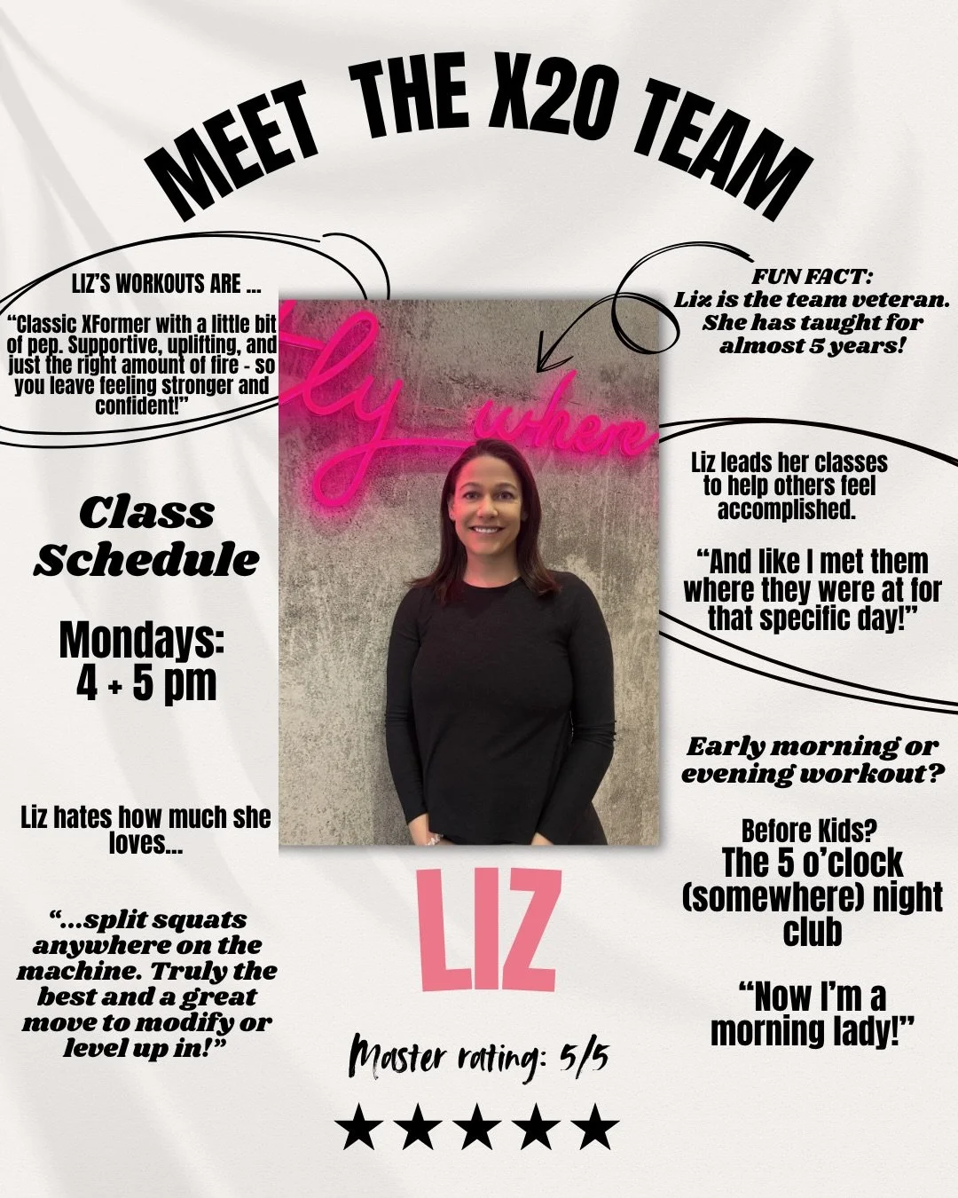 🌟MEET YOUR INSTRUCTORS MONDAY🌟

Introducing Liz - she is the longest-lasting veteran on the team! Don&rsquo;t be fooled by her breezy vibes, because her classes are a guaranteed burner. 

Liz provides an uplifting teaching style, and focuses on mee