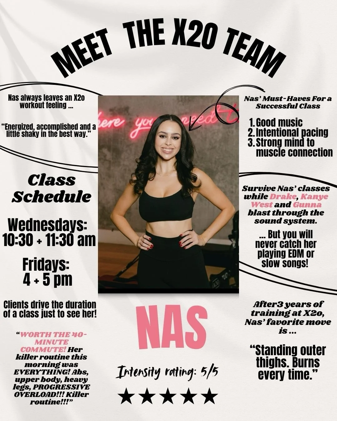 🌟 MEET YOUR INSTRUCTORS MONDAY🌟

Is it Stacy? Is it Becky? No, it&rsquo;s Nas 💅🏻

While she may greet you inside the studio with a warm welcome, she means business once class starts and the music changes.

Nas is one of our veteran instructors, a