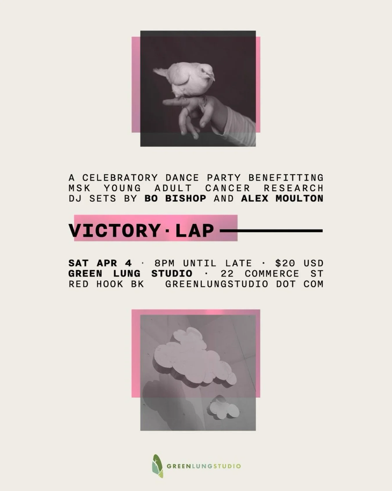 A collective celebration of life, in the midst of dark times. 

Victory Lap: A Celebratory Dance Party and Fundraiser for Cancer Research
Saturday, April 4th @ 8:00 PM

DJ sets by Bo Bishop and Alex Moulton 
@bobishop @moultonalex