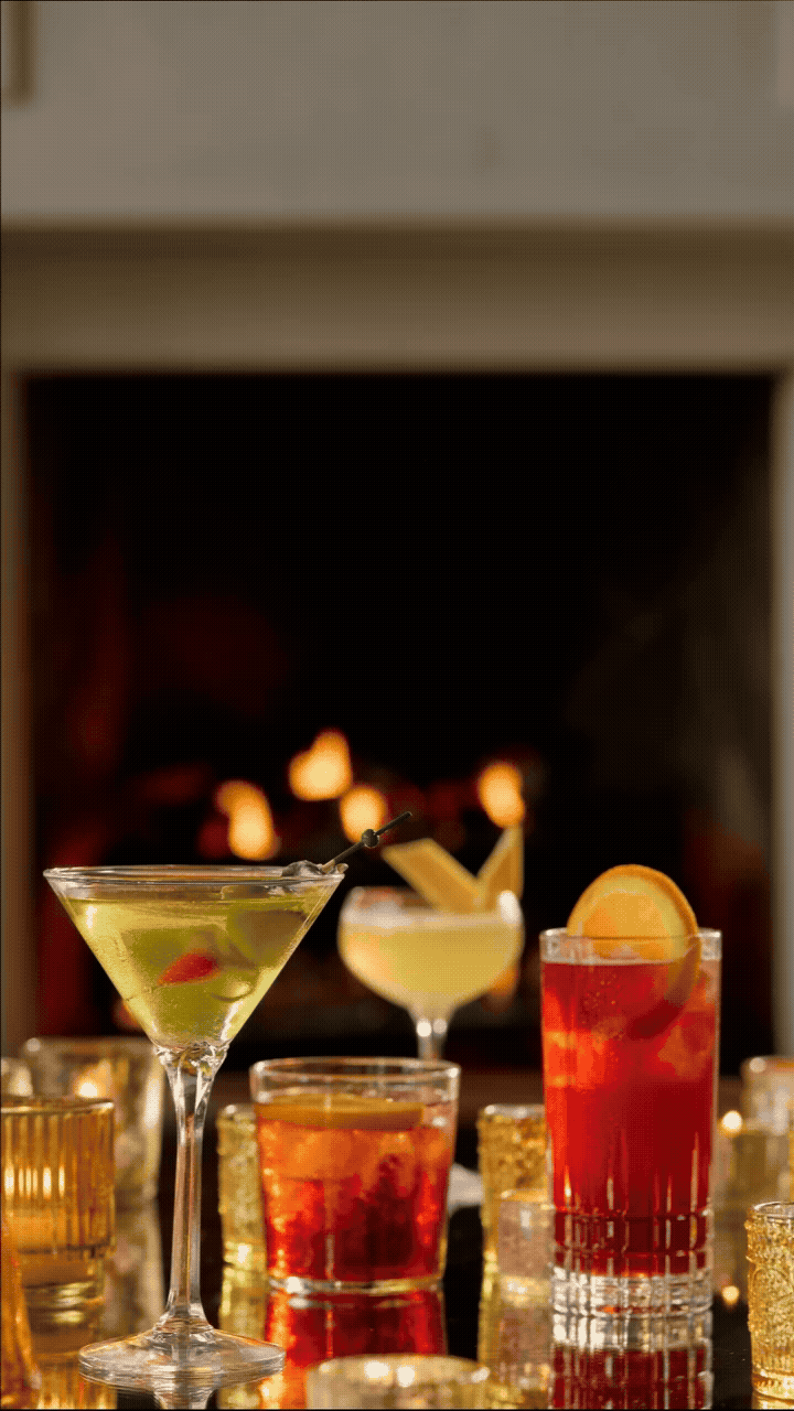 A glass of something smooth & the fire’s glow- all right here at #KAMPERS We're mixing and pouring til 1am.