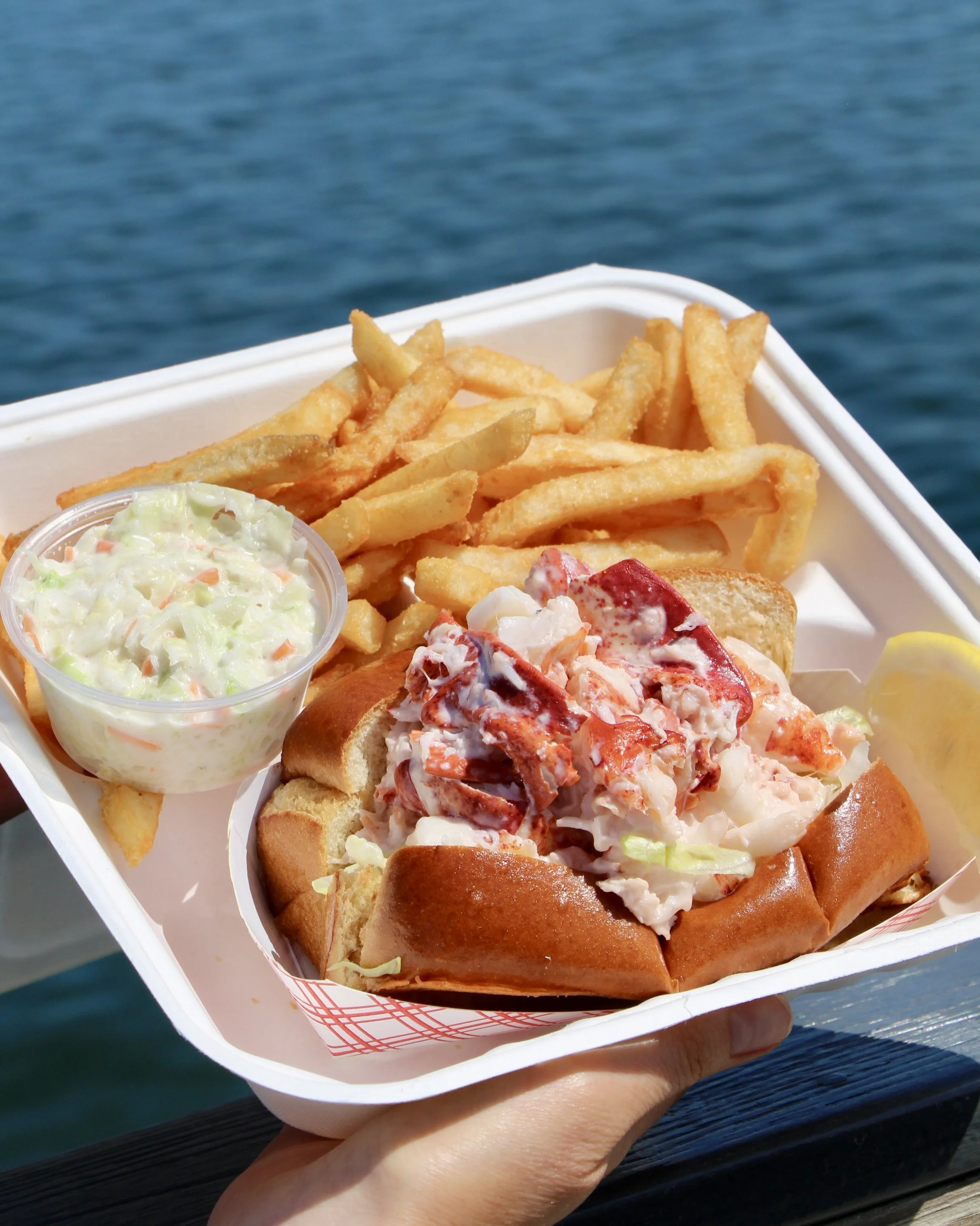 A lobster roll from the Chatham Pier Fish Market, ready to be enjoyed on the observation deck.