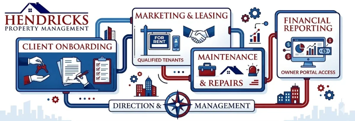 A detailed process infographic for Hendricks Property Management showing onboarding, marketing, leasing, maintenance, and financial reporting.