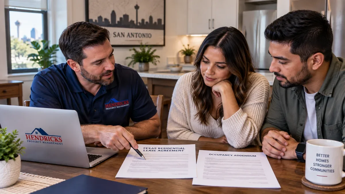 Property manager points to a Texas residential lease agreement for a couple. San Antonio skyline art and kitchen in background.