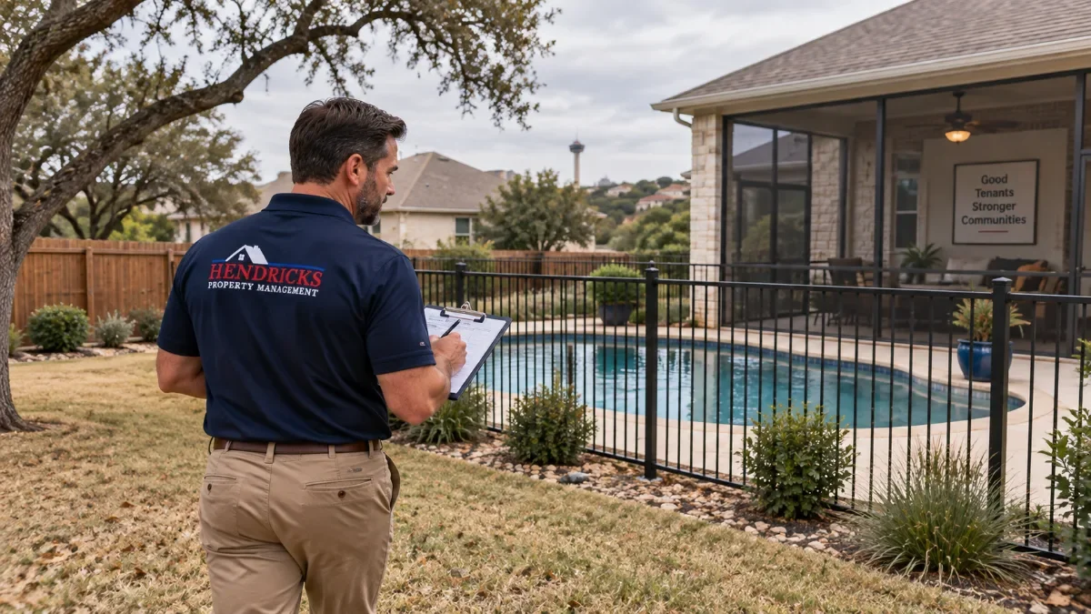 A property manager in a Hendricks shirt inspects a home's backyard with a swimming pool, screened patio, and distant city tower.