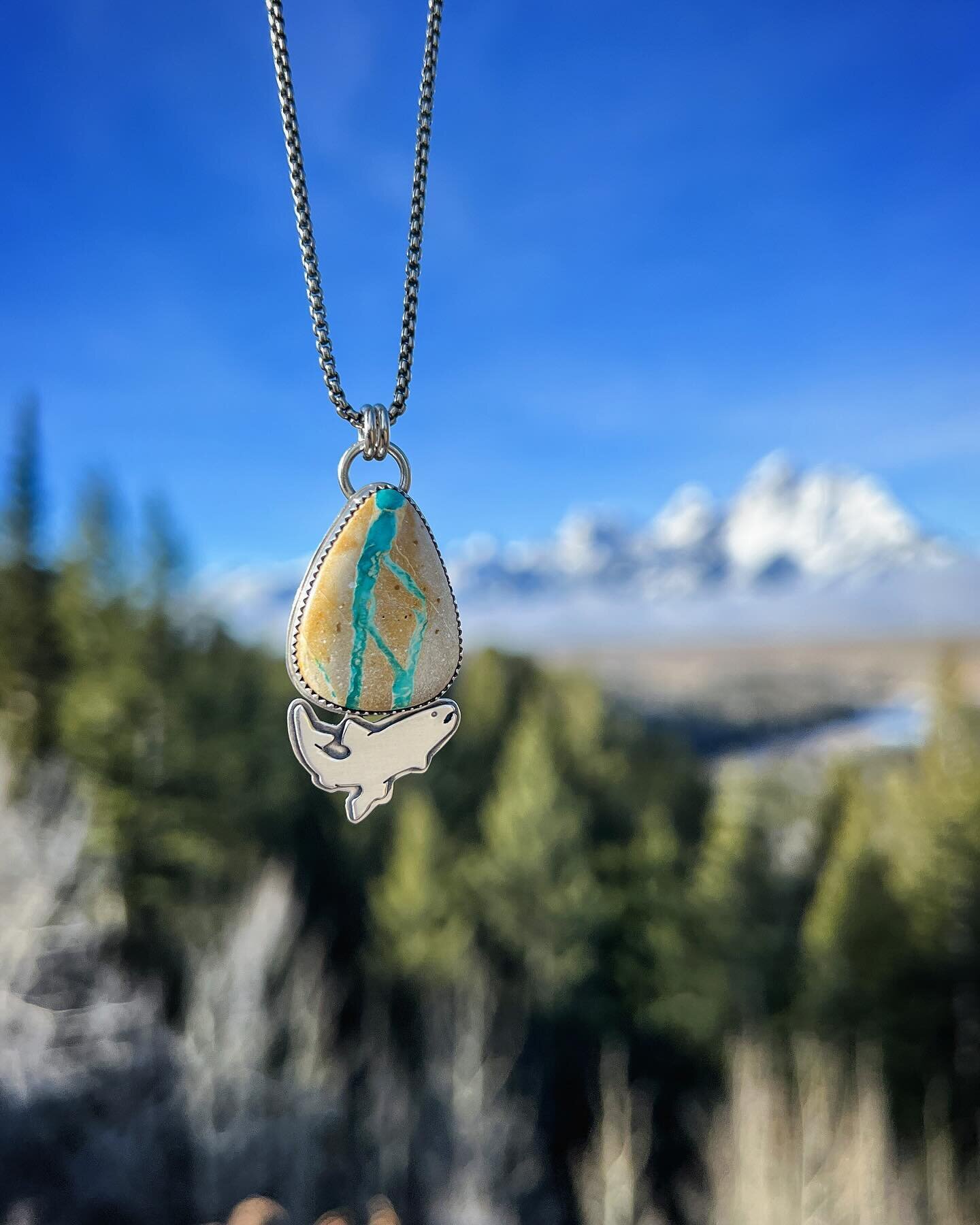 Snake River Cutthroat Trout Pendant. Made with beautiful Royston Ribbon Turquoise that mimics the Snake River. This beauty is ready for her next fly fishing badass babe to adventure on with tight lines!