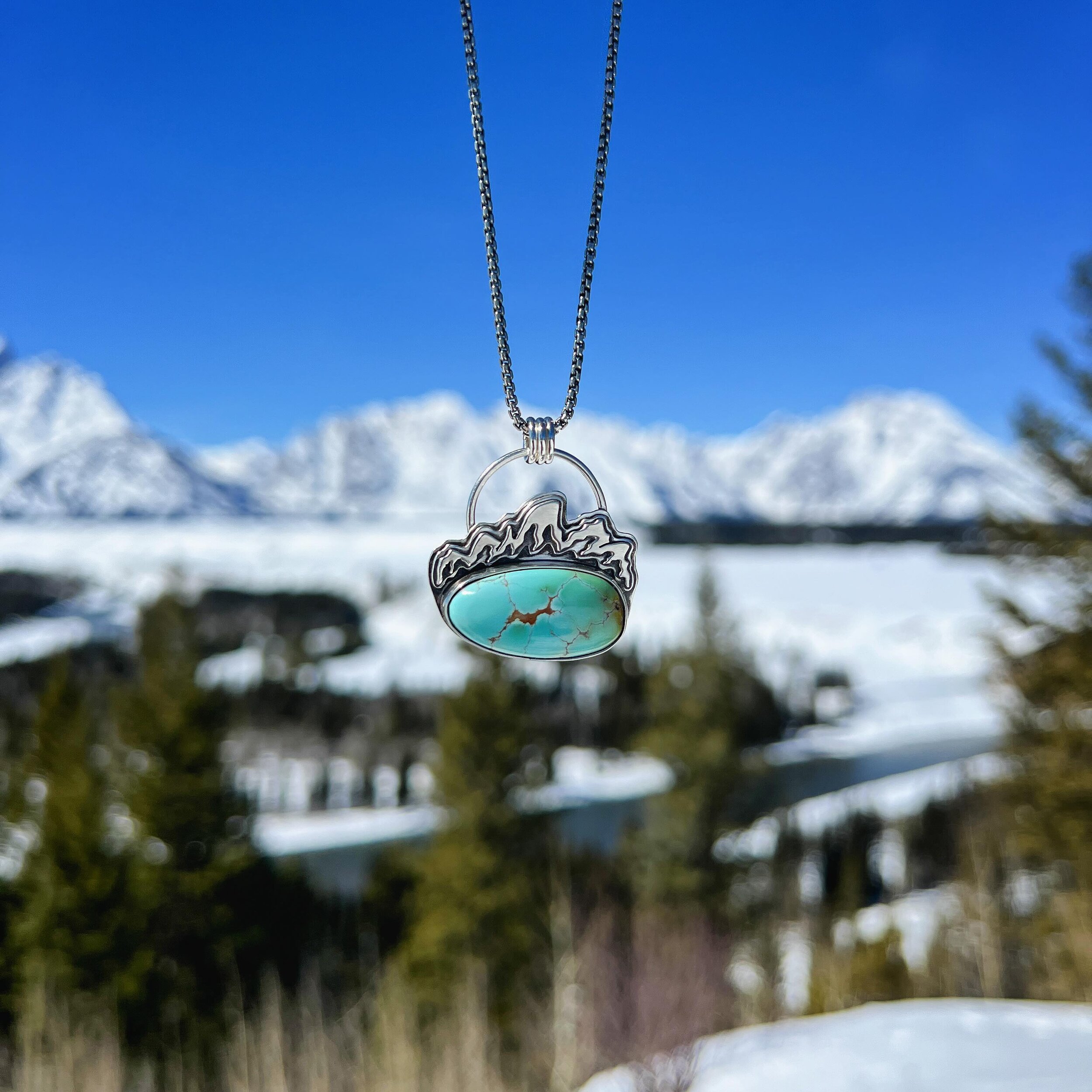 Gorgeous Teton Range pendant featuring high grade Thunderbird Turquoise. 🤩 This babe will be available this Saturday the 23rd at 9:30am MST, link in bio.