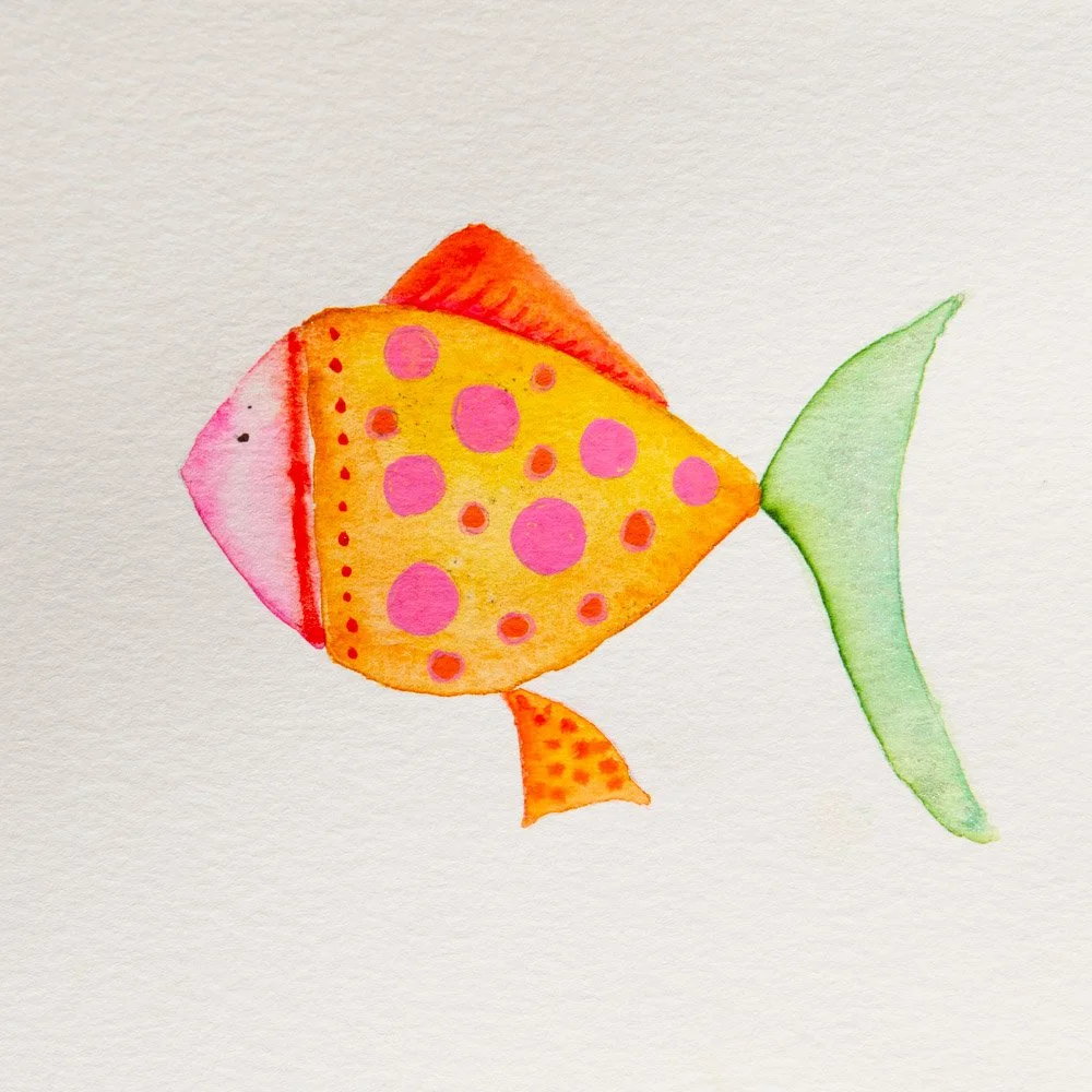 A slow Sunday painting with a tropical soul. 🌊🐠

Spicy Fin is only 5 x 5 inches, but she carries the rhythm of the tropics &mdash; polka dots like scattered sunlight, color like warm Caribbean water, a quiet kind of bold.

I&rsquo;m heading to Arub