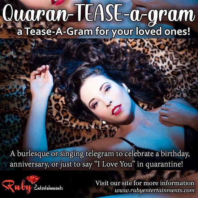 We are now offering VIRTUAL Quaran-TEASE-a-gram’s! This tease-a-gram is the PERFECT gift for you and your loved ones. This is a fun affordable way to show some love to others around you. A friends birthday creeping up during quarantine?! (Hint Hint)
.
** OUR ONLINE PRICE LIST HAS BEEN UPDATED **
.
Ruby will honour our responsibilities to your wellbeing during this period. We take our social responsibility very seriously during this global COVID-19 (coronavirus) pandemic. We are ready to GIVE VIRTUAL LOVE to everyone. #weareallinthistogether ✨ 💋✨
.
#teaseagram #quarantease #rubyentertainments #burlesque #yyjburlesque #yesastripper #exoticdancersofinsta #exoticdancerheels #redhotladies #malestrippers #femalestrippers #nakedballerina #assntits