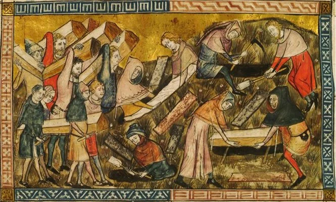 Illustration of people in medieval dress carrying coffins and digging graves