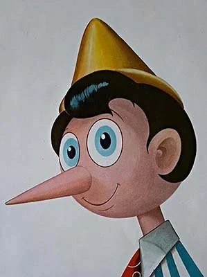 Colored drawing of Pinocchio with a long nose