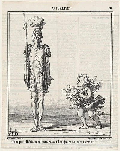 Lithograph on newsprint of the god Mars standing at attention with a rifle and Cupid carrying flowers