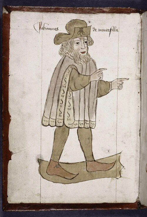 Drawing of a man in medieval dress labeled “Johannes de Montevilla.”