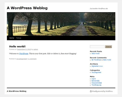 Screenshot of a blog template with the title “A WordPress Weblog,” a generic picture, and a first post titled “Hello world!”