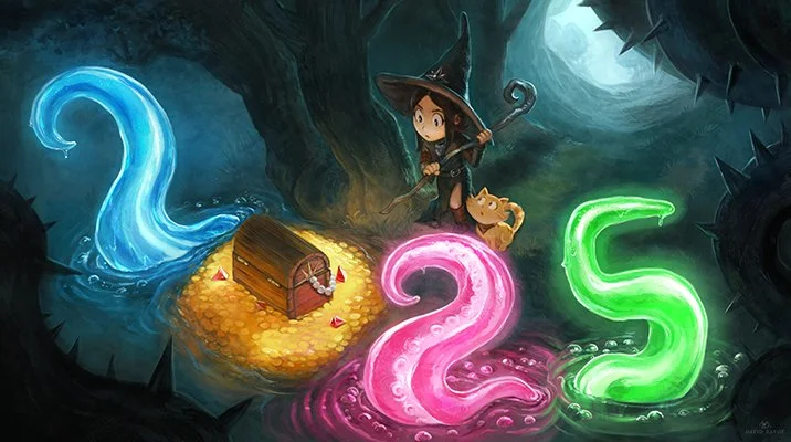 A stylized “2025” with the zero being a treasure chest with gold, while a young woman, dressed as a witch, and a cat look on