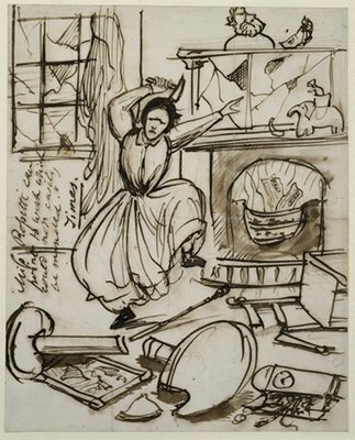 Cartoon drawing of a woman throwing a tantrum and destroying furniture with a hammer