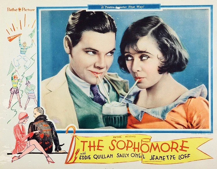 Advertisement for the 1929 film The Sophomore featuring a picture of a young man and woman sharing a soda through two straws